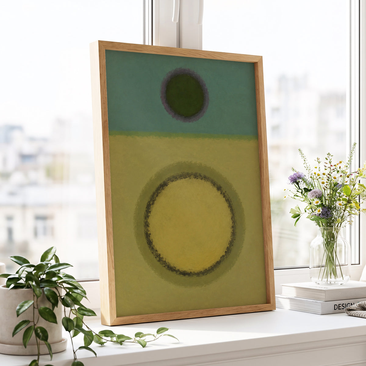 Olive Orbit, green, yellow, purple abstract wall art displayed in a styled interior, gallery view 6