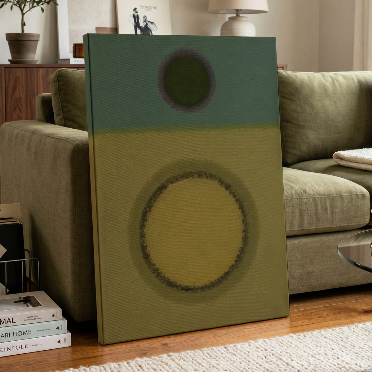 Olive Orbit, green, yellow, purple abstract wall art displayed in a styled interior, gallery view 7