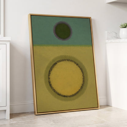 Olive Orbit, green, yellow, purple abstract wall art displayed in a styled interior, gallery view 8