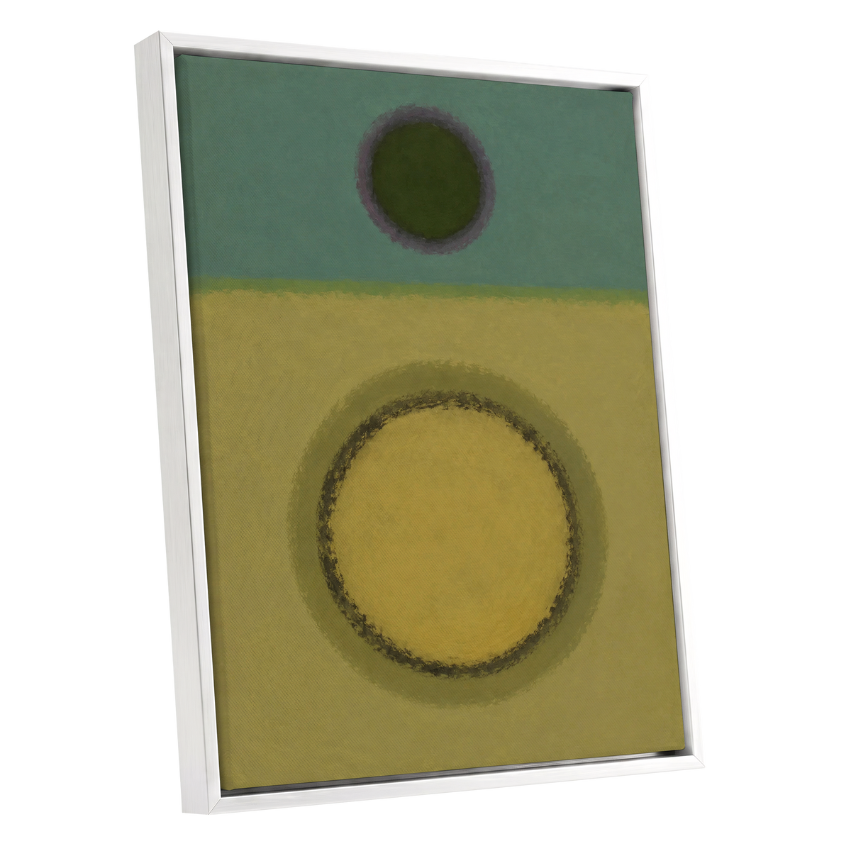Olive Orbit, green, yellow, purple abstract wall art shown as a white framed canvas wall art
