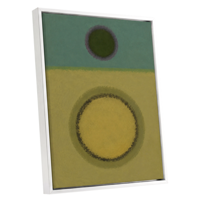 Olive Orbit, green, yellow, purple abstract wall art shown as a white framed canvas wall art