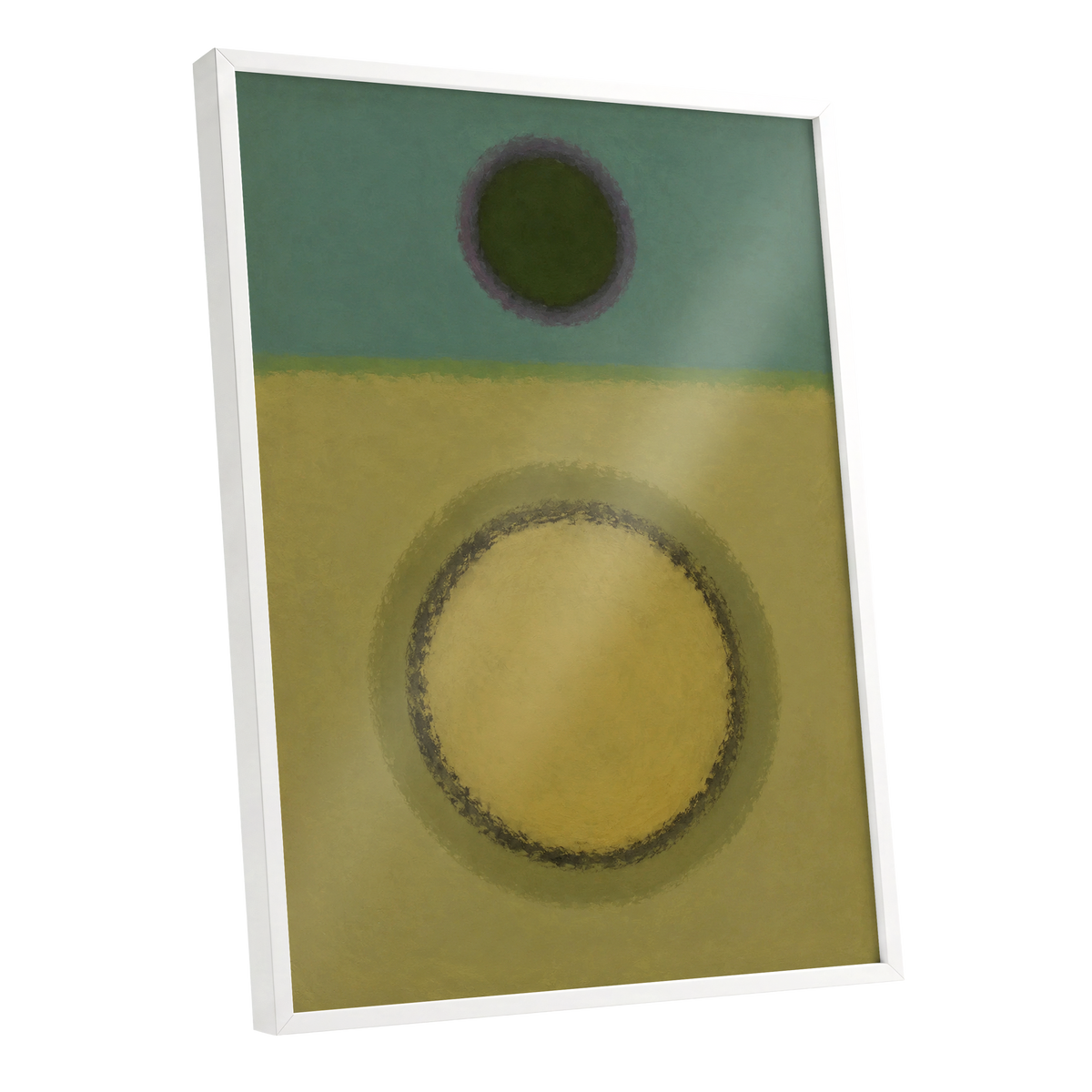 Olive Orbit, green, yellow, purple abstract wall art shown as a white framed poster wall art print