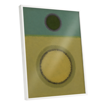 Olive Orbit, green, yellow, purple abstract wall art shown as a white framed poster wall art print