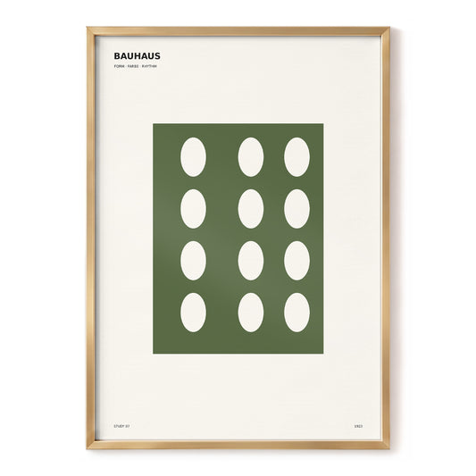 Olive Rhythm Study, green, beige, black minimalist wall art, front artwork view