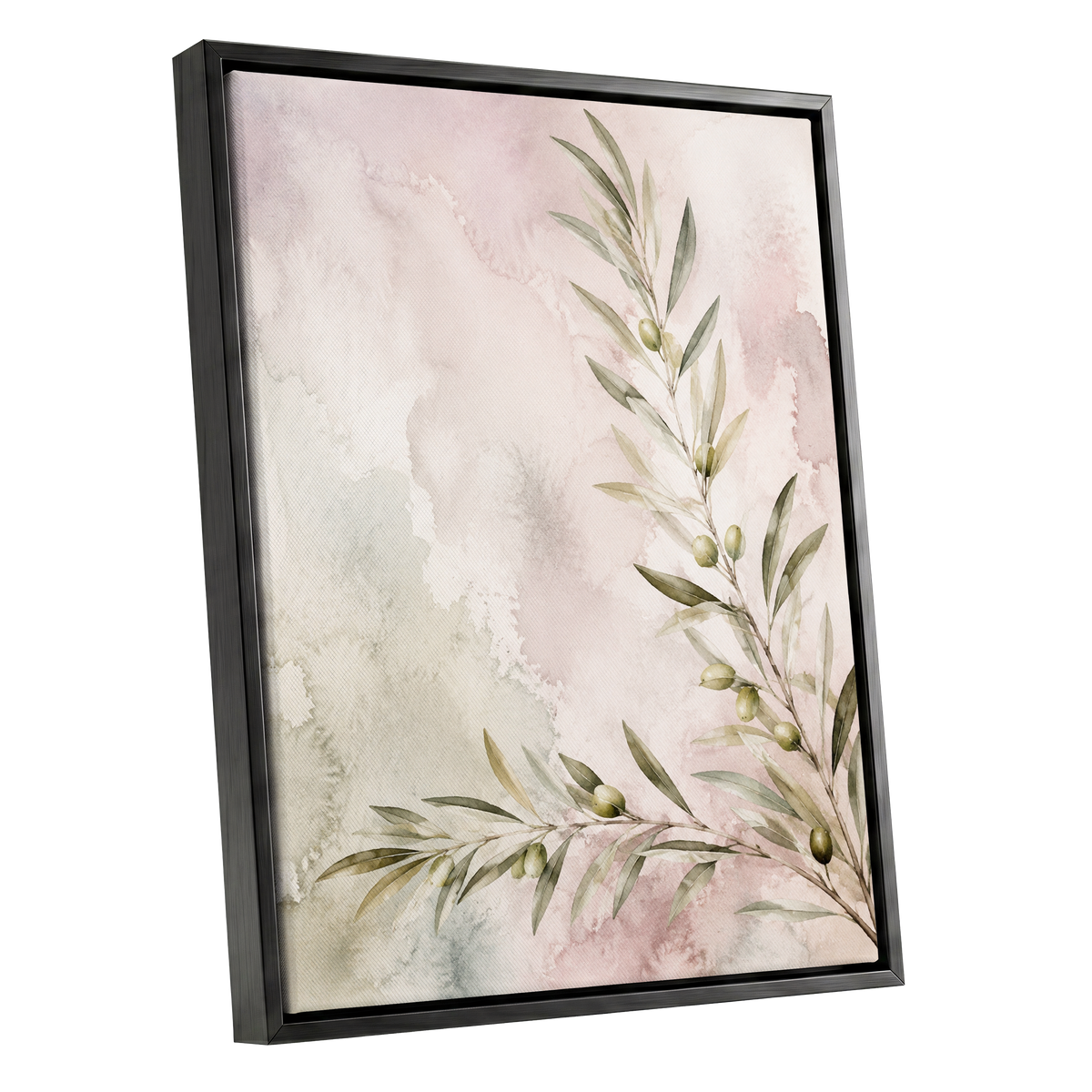 Olives in Blush, green, beige, pink nature wall art shown as a black framed canvas wall art