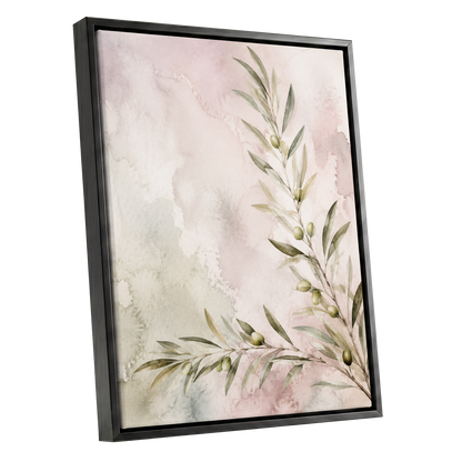 Olives in Blush, green, beige, pink nature wall art shown as a black framed canvas wall art