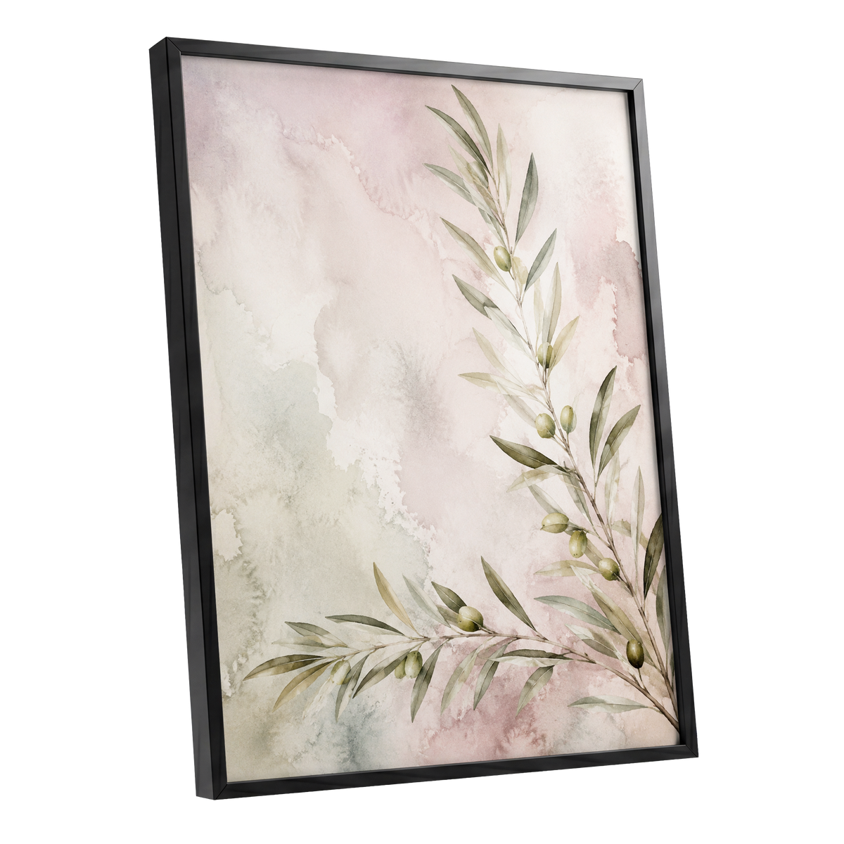 Olives in Blush, green, beige, pink nature wall art shown as a black framed poster wall art print