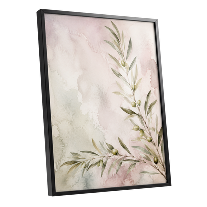 Olives in Blush, green, beige, pink nature wall art shown as a black framed poster wall art print