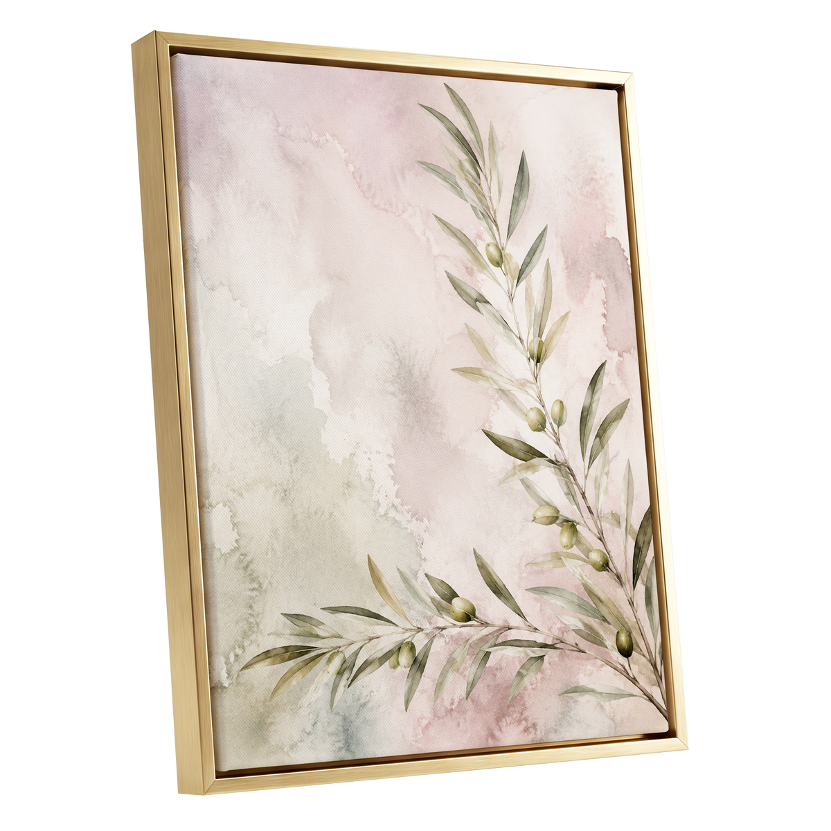 Olives in Blush, green, beige, pink nature wall art shown as a gold framed canvas wall art