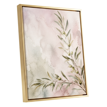 Olives in Blush, green, beige, pink nature wall art shown as a gold framed canvas wall art