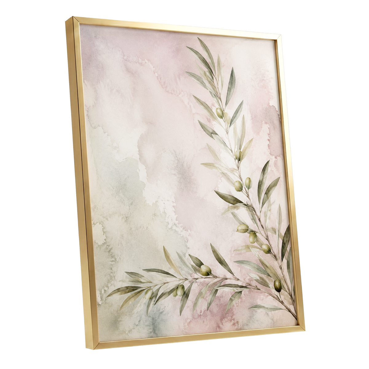 Olives in Blush, green, beige, pink nature wall art shown as a gold framed poster wall art print