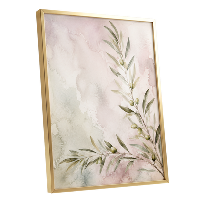 Olives in Blush, green, beige, pink nature wall art shown as a gold framed poster wall art print
