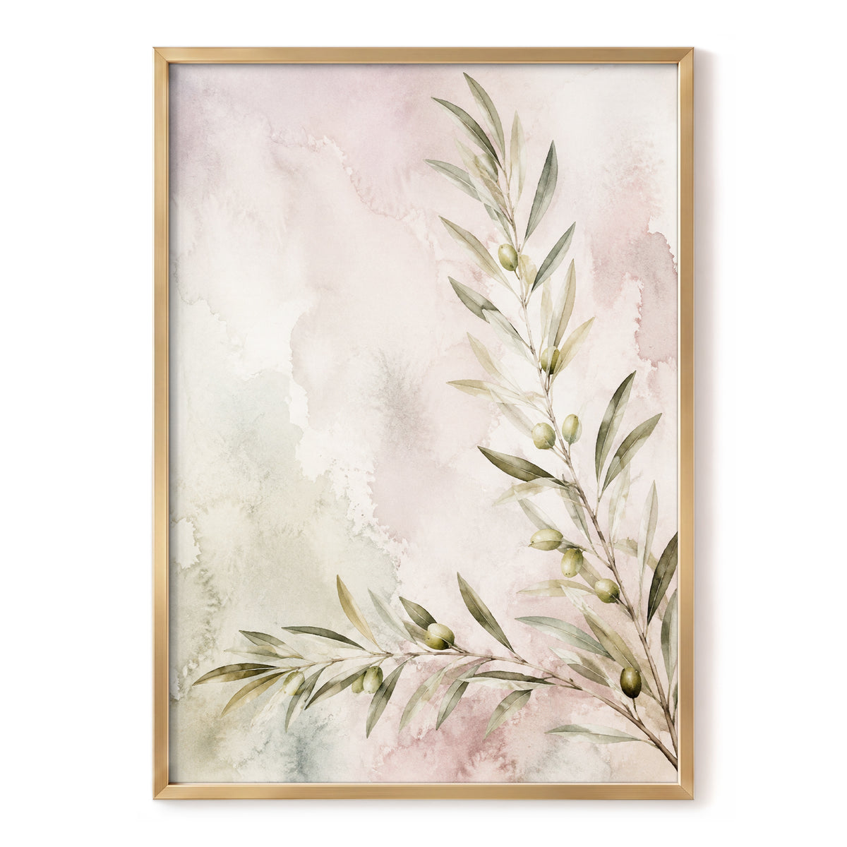 Olives in Blush, green, beige, pink nature wall art, front artwork view