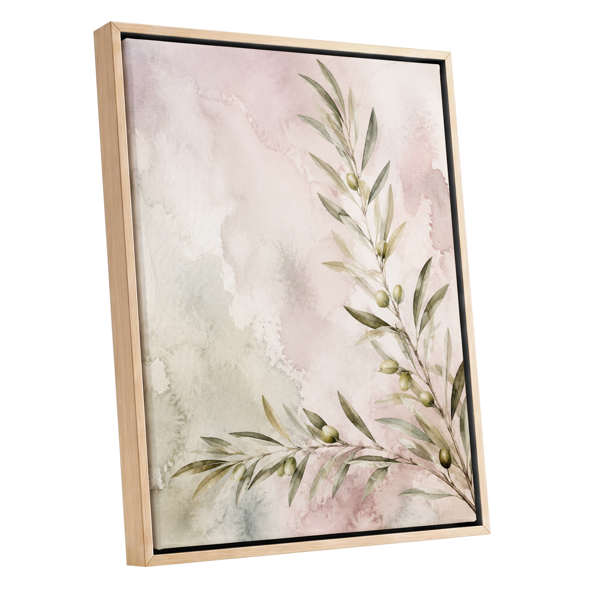 Olives in Blush, green, beige, pink nature wall art shown as a oak framed canvas wall art