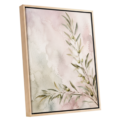 Olives in Blush, green, beige, pink nature wall art shown as a oak framed canvas wall art