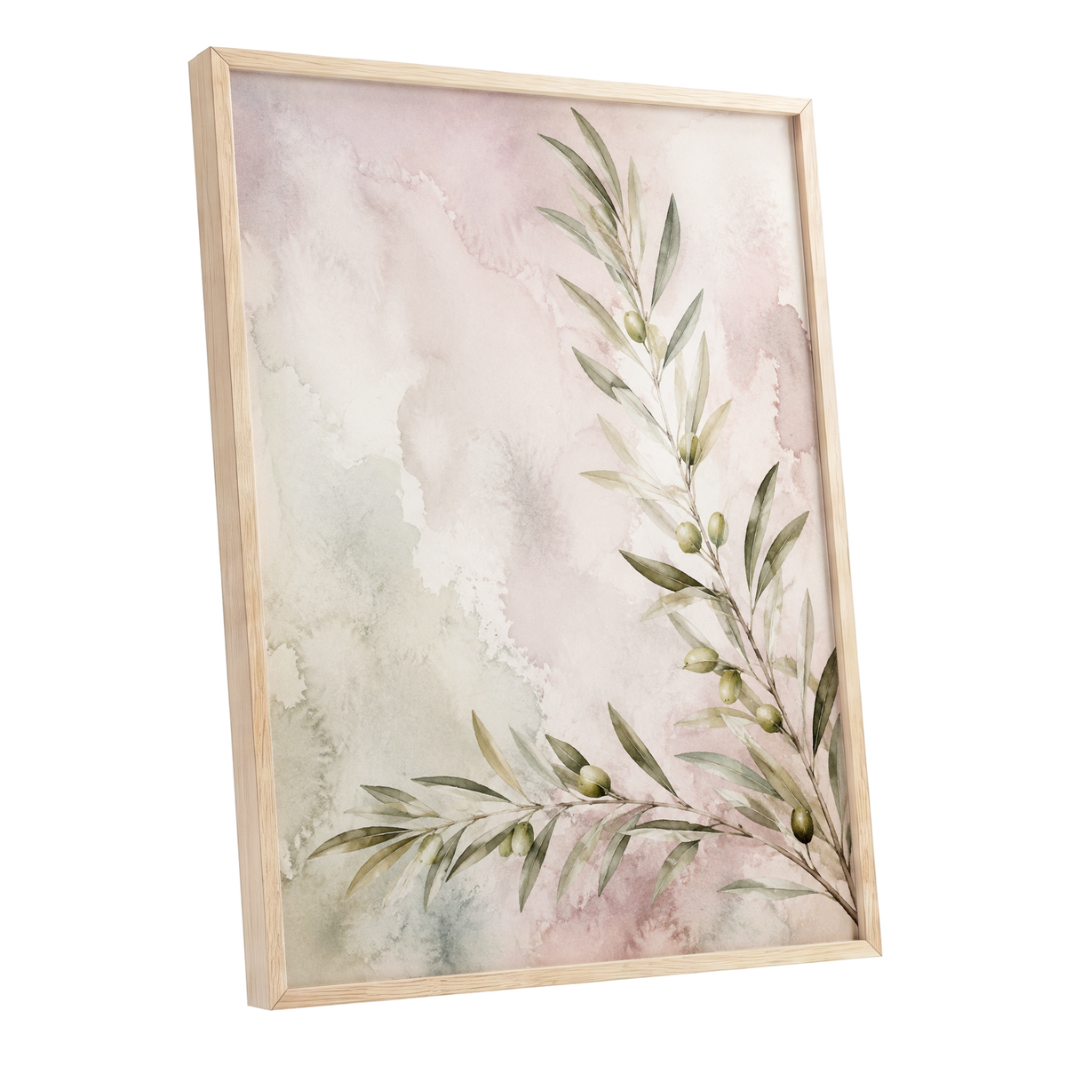 Olives in Blush, green, beige, pink nature wall art shown as a oak framed poster wall art print