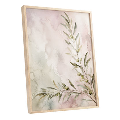 Olives in Blush, green, beige, pink nature wall art shown as a oak framed poster wall art print