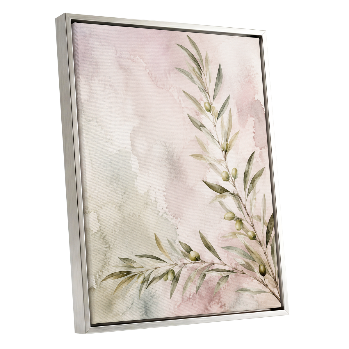 Olives in Blush, green, beige, pink nature wall art shown as a silver framed canvas wall art