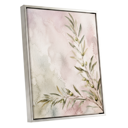 Olives in Blush, green, beige, pink nature wall art shown as a silver framed canvas wall art
