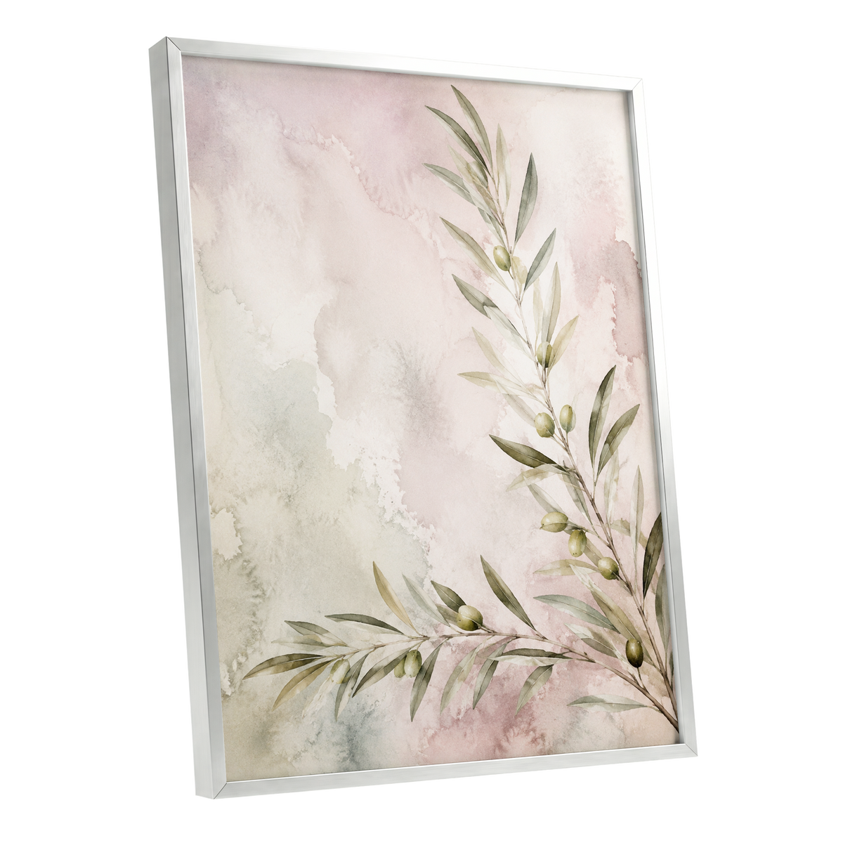 Olives in Blush, green, beige, pink nature wall art shown as a silver framed poster wall art print