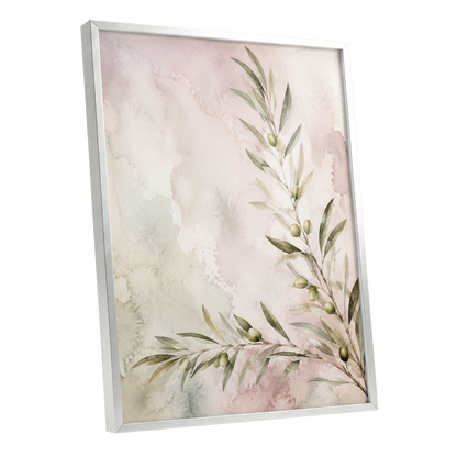 Olives in Blush, green, beige, pink nature wall art shown as a silver framed poster wall art print