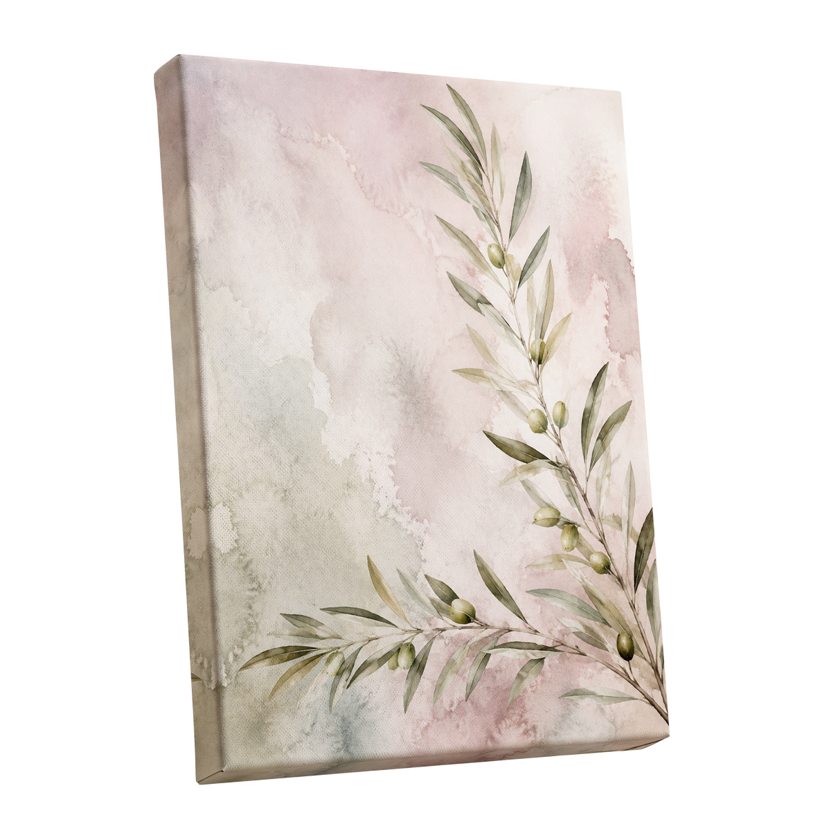 Olives in Blush, green, beige, pink nature wall art shown as a stretched canvas wall art
