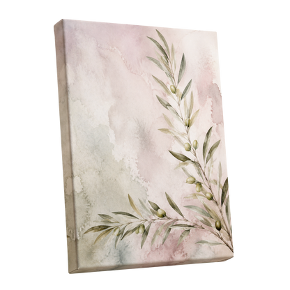 Olives in Blush, green, beige, pink nature wall art shown as a stretched canvas wall art