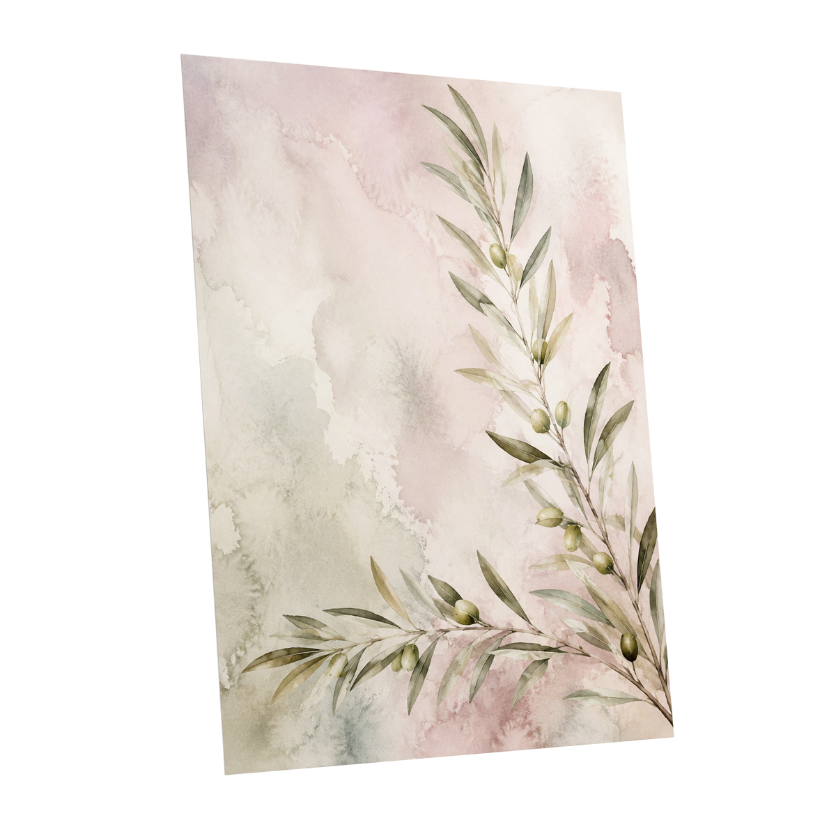 Olives in Blush, green, beige, pink nature wall art shown as a unframed poster wall art print