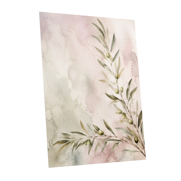 Olives in Blush, green, beige, pink nature wall art shown as a unframed poster wall art print