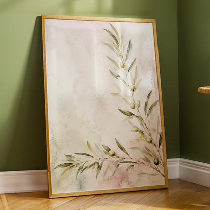 Olives in Blush, green, beige, pink nature wall art displayed in a styled interior, gallery view 2
