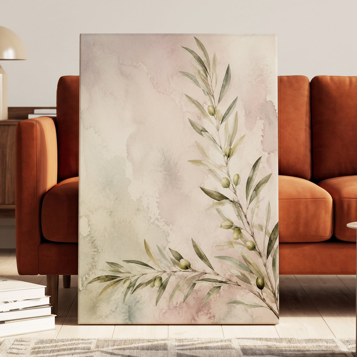 Olives in Blush, green, beige, pink nature wall art displayed in a styled interior, gallery view 3