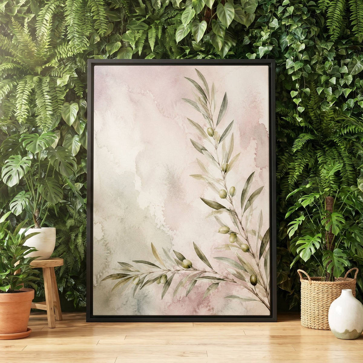 Olives in Blush, green, beige, pink nature wall art displayed in a styled interior, gallery view 4