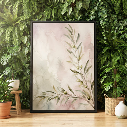 Olives in Blush, green, beige, pink nature wall art displayed in a styled interior, gallery view 4