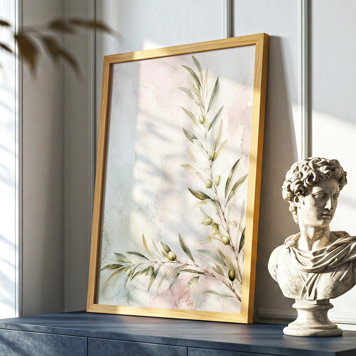 Olives in Blush, green, beige, pink nature wall art displayed in a styled interior, gallery view 6