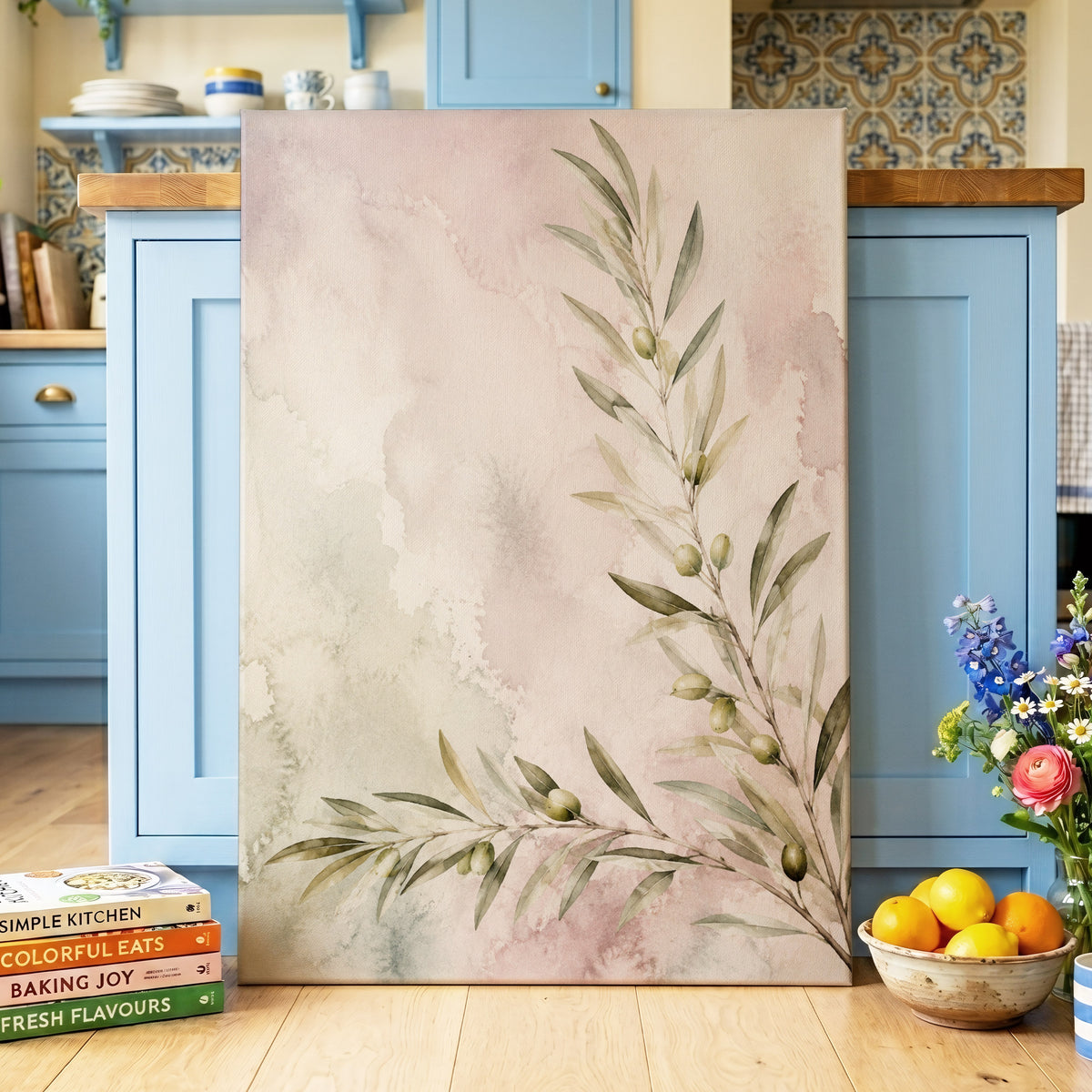 Olives in Blush, green, beige, pink nature wall art displayed in a styled interior, gallery view 7