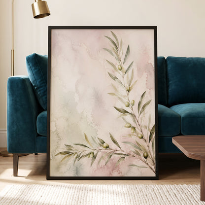 Olives in Blush, green, beige, pink nature wall art displayed in a styled interior, gallery view 9
