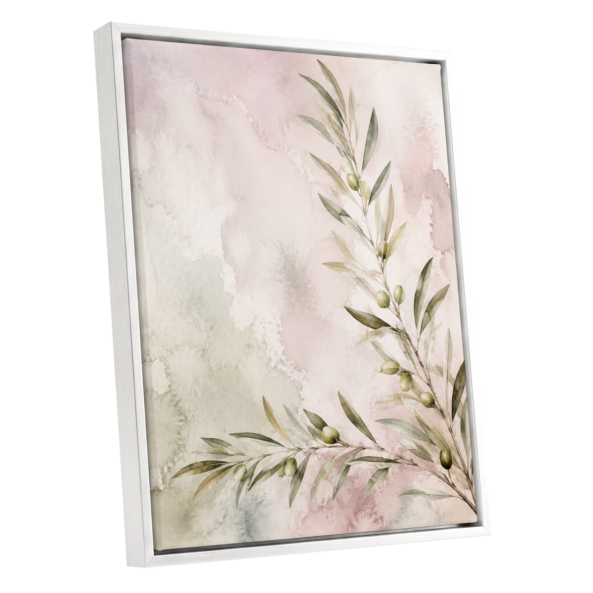 Olives in Blush, green, beige, pink nature wall art shown as a white framed canvas wall art