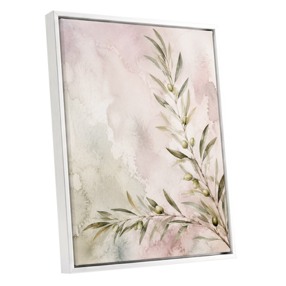 Olives in Blush, green, beige, pink nature wall art shown as a white framed canvas wall art