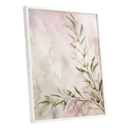 Olives in Blush, green, beige, pink nature wall art shown as a white framed poster wall art print
