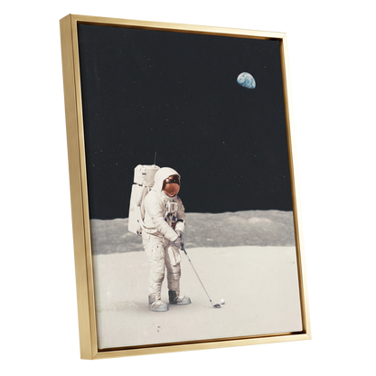 One Small Swing, black, white, gray minimalist wall art shown as a gold framed canvas wall art