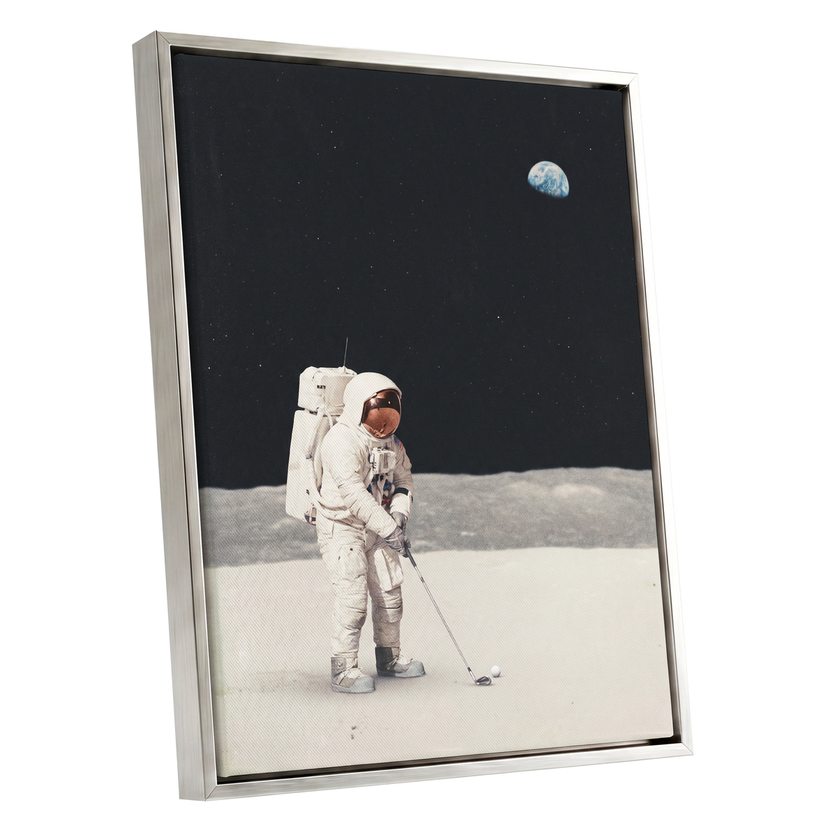 One Small Swing, black, white, gray minimalist wall art shown as a silver framed canvas wall art