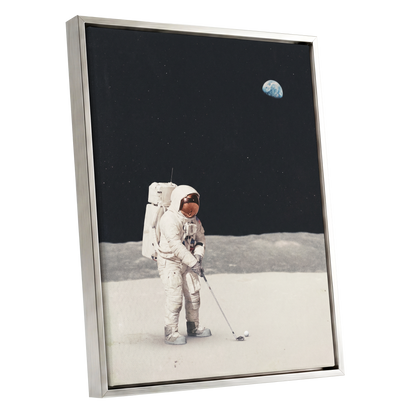 One Small Swing, black, white, gray minimalist wall art shown as a silver framed canvas wall art
