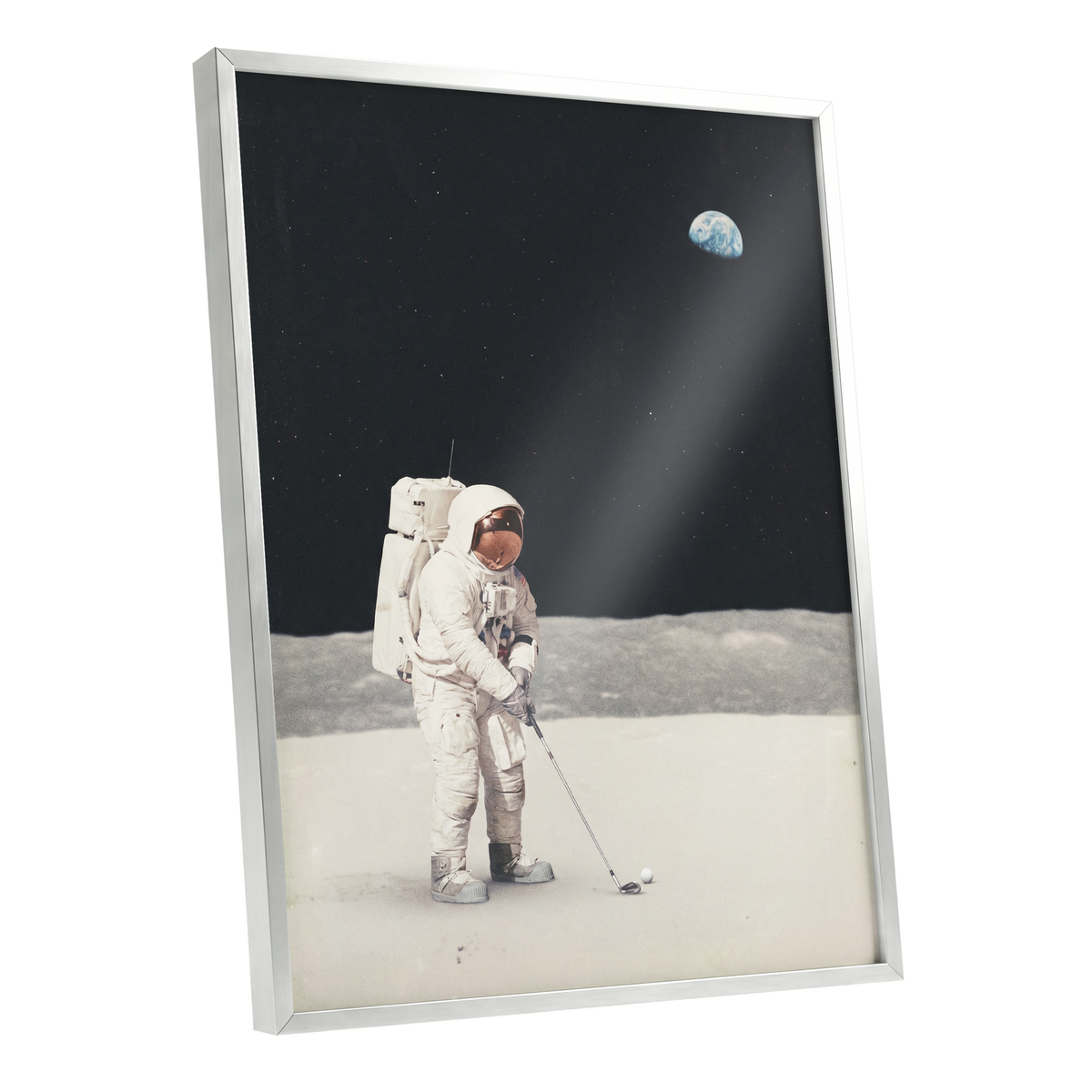 One Small Swing, black, white, gray minimalist wall art shown as a silver framed poster wall art print