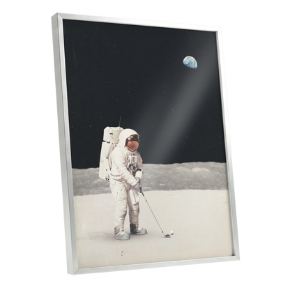 One Small Swing, black, white, gray minimalist wall art shown as a silver framed poster wall art print