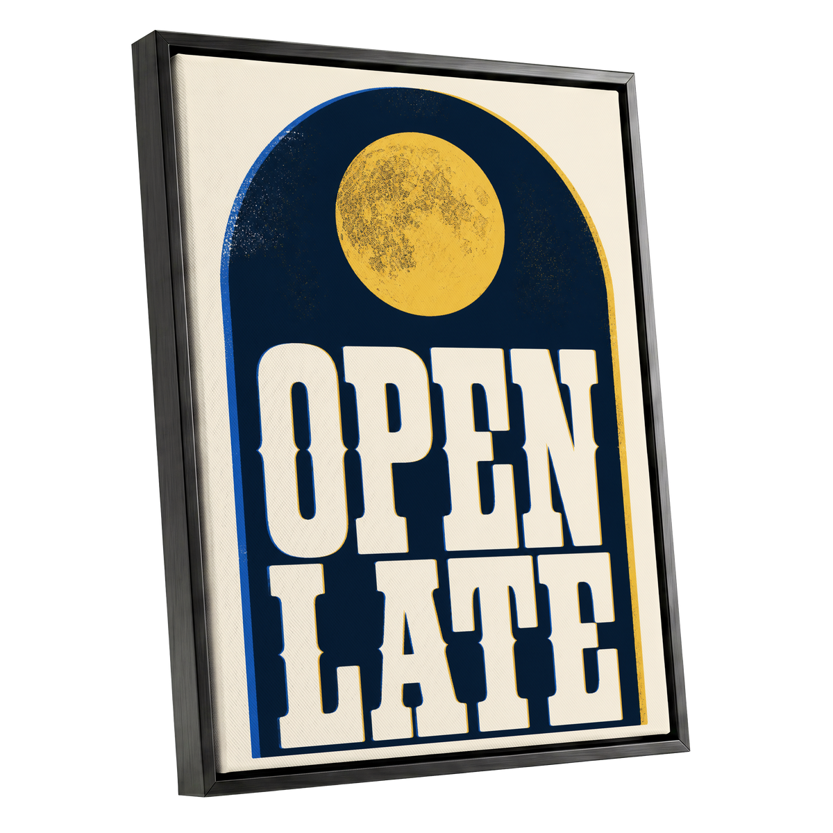Open Late Afterglow, blue, beige, gold minimalist wall art shown as a black framed canvas wall art