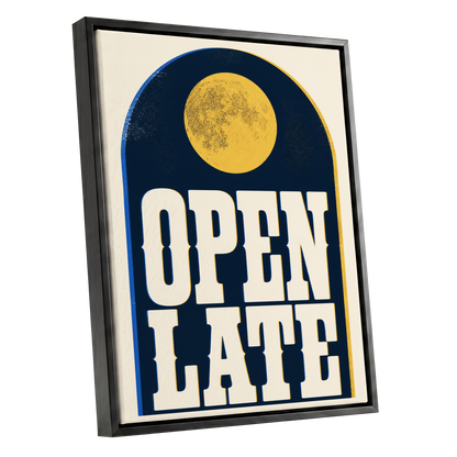 Open Late Afterglow, blue, beige, gold minimalist wall art shown as a black framed canvas wall art