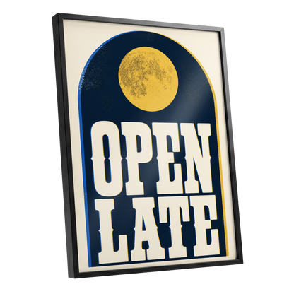 Open Late Afterglow, blue, beige, gold minimalist wall art shown as a black framed poster wall art print