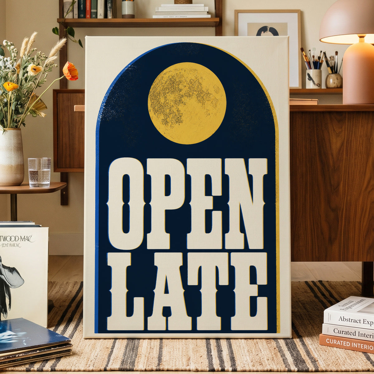 Open Late Afterglow, blue, beige, gold minimalist wall art on canvas displayed in a styled interior, gallery view 1