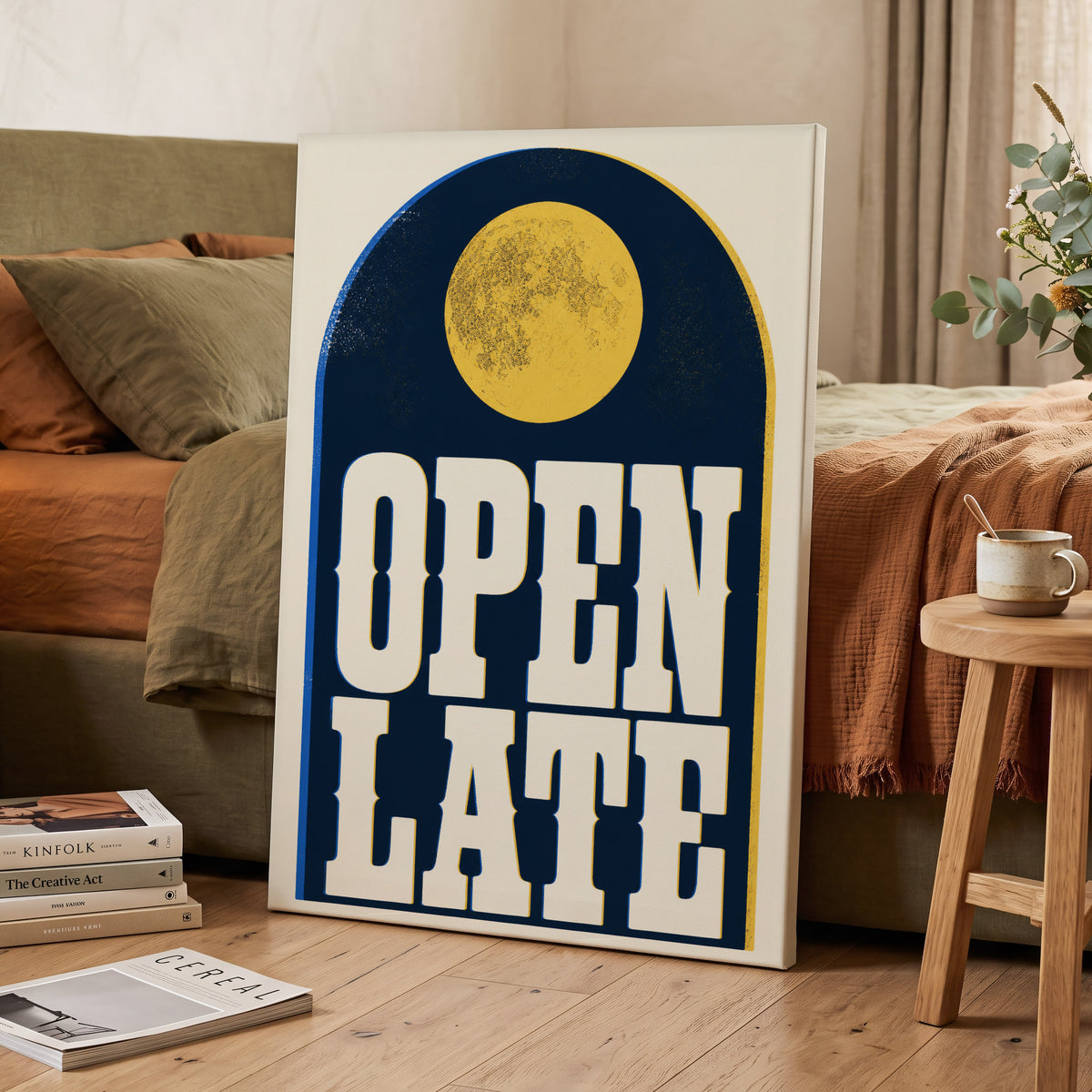 Open Late Afterglow, blue, beige, gold minimalist wall art on canvas displayed in a styled interior, gallery view 2