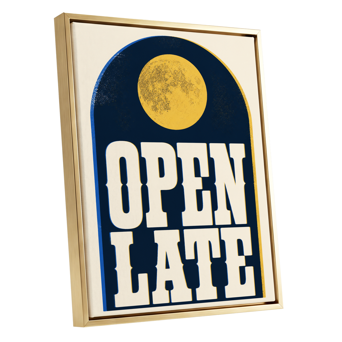 Open Late Afterglow, blue, beige, gold minimalist wall art shown as a gold framed canvas wall art